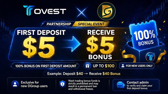 The image is a promotional banner from TOVEST advertising a first deposit bonus partnership event, highlighting that new users can deposit as little as $5 to receive a 100% bonus up to $100, with an example showing a $40 deposit yielding a $40 bonus.