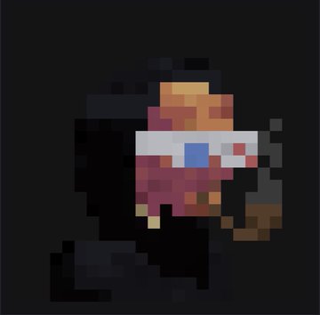 A pixelated image of a character wearing a white helmet with a blue visor against a dark background.
