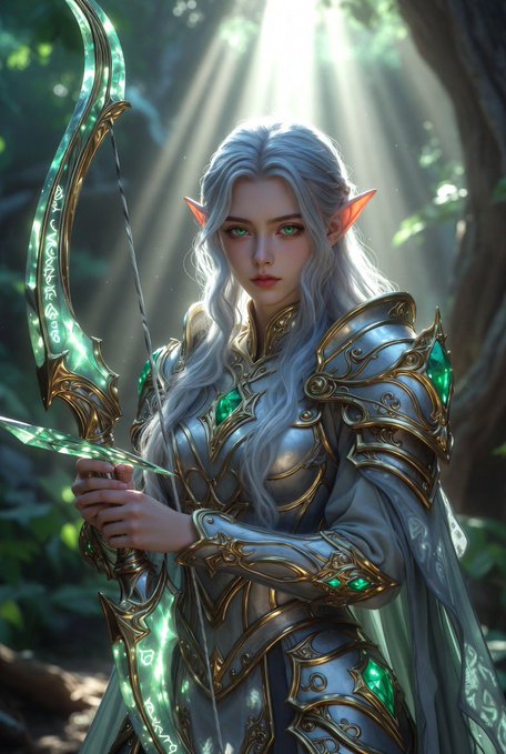 A fantasy illustration of a silver-haired elf woman in ornate silver and gold armor with green gemstones, holding a green-glowing bow in a forest setting.