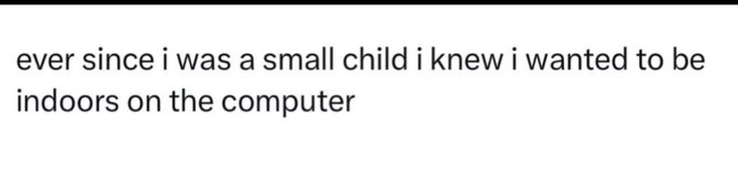 Text meme reading: 'ever since i was a small child i knew i wanted to be indoors on the computer.'