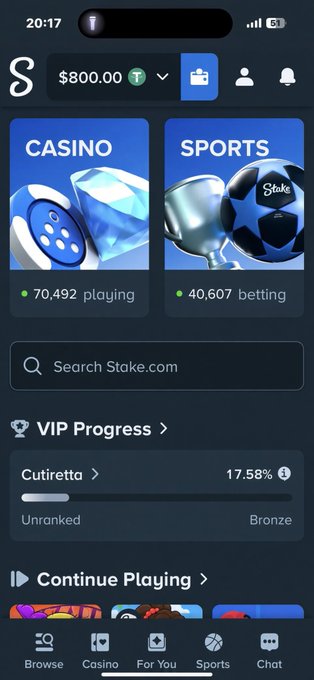 Screenshot of the Stake.com mobile app showing a $800.00 balance, with Casino (70,492 playing) and Sports (40,607 betting) sections, VIP progress, and bottom menu including Casino, For You, Sports, and Chat.
