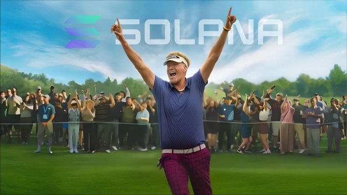 A digitally-altered image of a golfer celebrating with arms raised, with a crowd behind him and the Solana logo and wordmark overlaid.