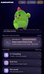 Blurry screenshot of a digital interface featuring a cute green cartoon character with a pink hat above a list of items with blurred text descriptions.