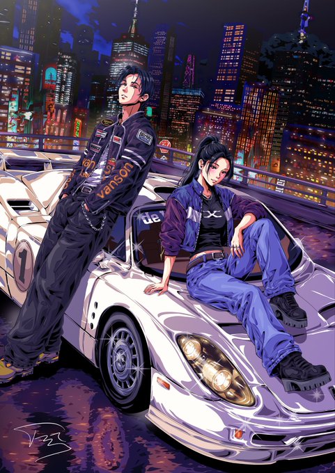 An anime-style illustration of two characters posed on a sports car at night against a city skyline, with one wearing a black racing jacket with "vans On" text and the other in a purple jacket and blue pants sitting on the hood.