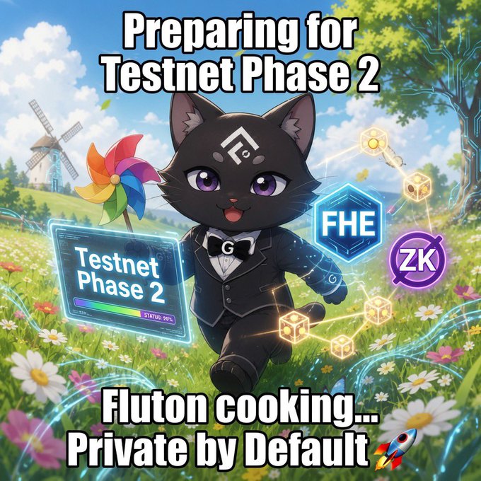 A chibi black cat mascot in a tuxedo stands in a meadow holding a "Testnet Phase 2" loading screen, surrounded by floating FHE and ZK crypto icons. The text reads "Preparing for Testnet Phase 2" at the top and "Fluton cooking... Private by Default" at the bottom, visually promoting Fluton's upcoming testnet phase featuring FHE and zero-knowledge technology.