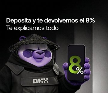An OKX cryptocurrency advertisement featuring a purple panda mascot holding a smartphone displaying '8%', with Spanish text reading 'Deposita y te devolvemos el 8% Te explicamos todo.'