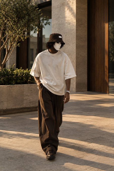 A person in streetwear featuring a white oversized t-shirt, dark baggy pants, a bucket hat, and a white face mask walking outdoors in a sunlit courtyard.