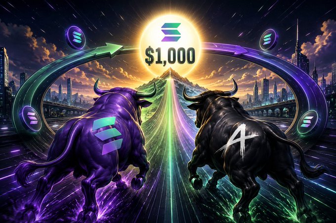 Two muscular bulls—one purple with the Solana logo, the other black with an "A" emblem—charge toward each other along a glowing path beneath a sun displaying "$1,000," visually symbolizing the bullish case for Solana ($SOL) reaching $1,000 alongside related tokens $CURB and $ANSEM.