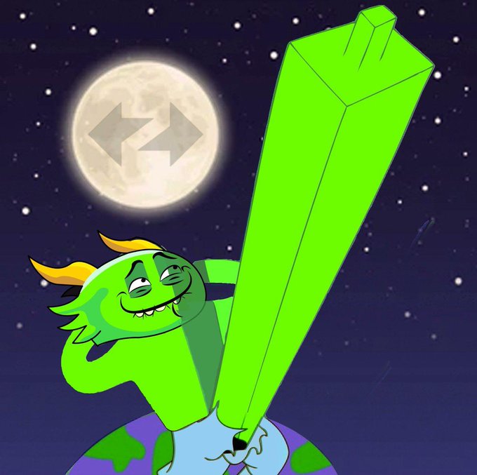 An AI-generated cartoon image featuring a green trollface character with yellow hair in a provocative pose on top of Earth, with a large green geometric object extending upward against a night sky with a moon displaying an arrow symbol.