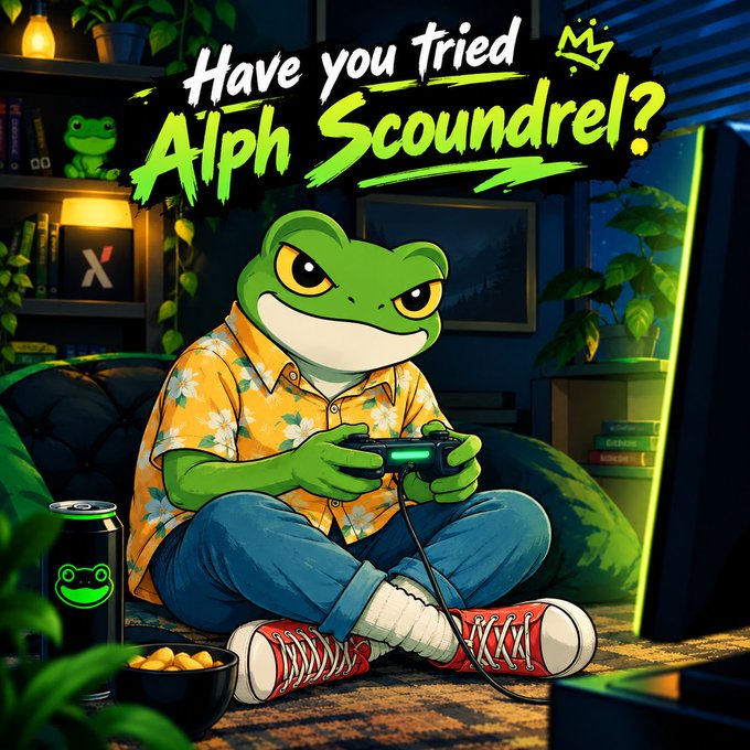 An illustrated advertisement asks "Have you tried Alph Scoundrel?" featuring an anthropomorphic frog in a Hawaiian shirt playing video games.