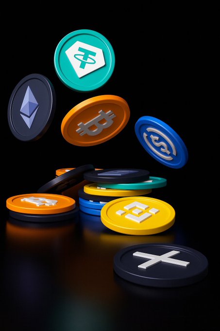 A vibrant 3D rendering of various cryptocurrency coins—including Tether (USDT), Ethereum (ETH), Bitcoin (BTC), USD Coin (USDC), and XRP—stacked and floating against a black background, visually representing the digital assets mentioned. The image complements the post by symbolizing the significant trading volume spikes across XRP, SHIB, BTC, and DOGE that could drive a potential recovery in the crypto market.