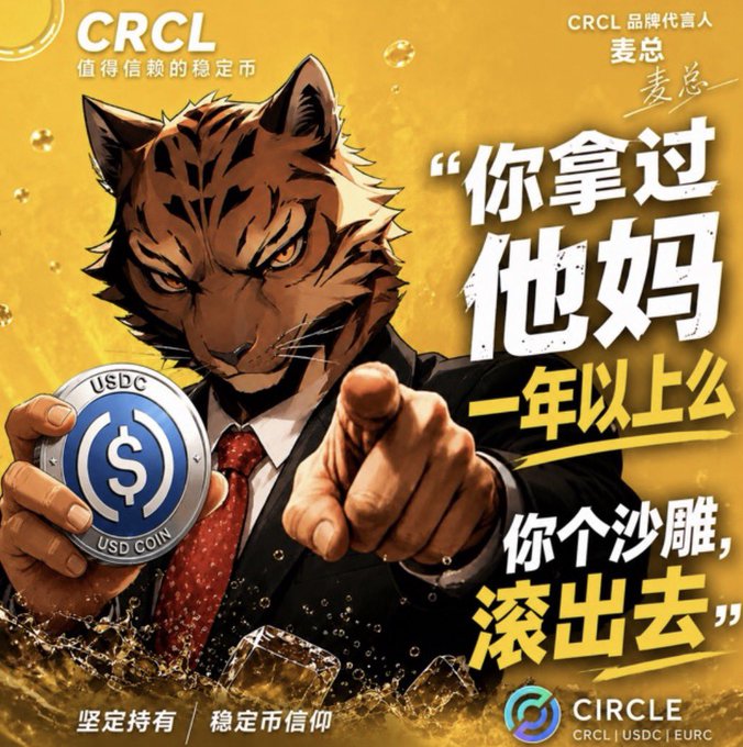 The image is a meme-style advertisement for CRCL (Circle), featuring an anthropomorphic tiger in a suit holding a USDC coin, with aggressive Chinese text translating roughly to "Have you held it for over a year? You noob, get out," parodying the brand spokesperson "麦总." 

This relates to the post by mocking CRCL investors, implying that anyone who hasn't held USDC/CRCL through a bear market isn't a true believer—so the aggressive "get out if you're weak-handed" message satirizes the "坚定持有 / 稳定币信仰" (hold firm / stablecoin faith) slogan at the bottom, reinforcing the post's point about short-term price drops shaking out uncommitted holders.
