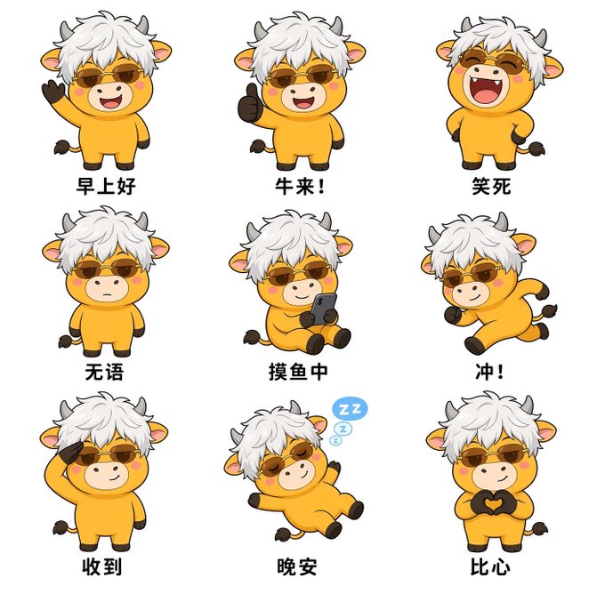 A set of nine cute cartoon cow stickers with white hair and sunglasses, each labeled with a Chinese phrase like '早上好' (Good morning), '摸鱼中' (Slacking off), '晚安' (Good night), and '比心' (Heart).