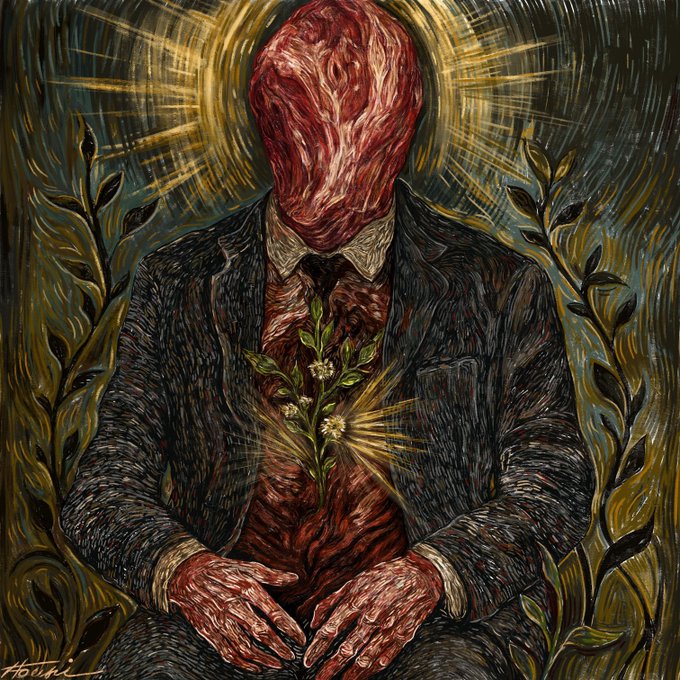 A dark, expressionist painting of a faceless figure in a suit, with a textured red head and hands, holding a small plant that emits light.