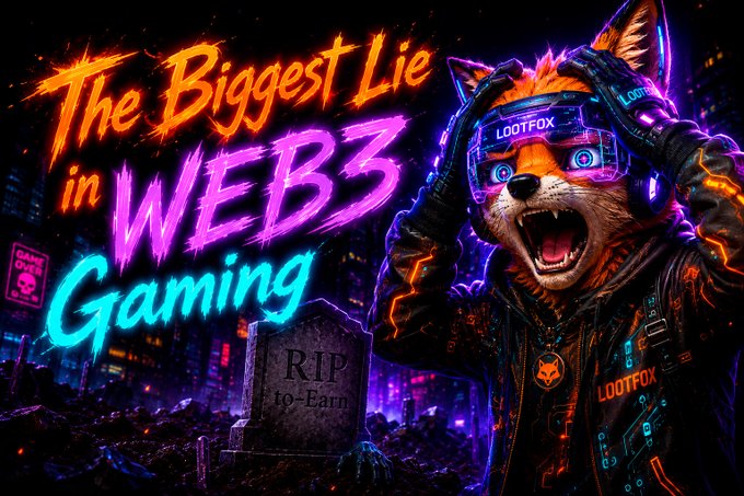 A vibrant, neon-colored promotional graphic with the text 'The Biggest Lie in WEB3 Gaming' and a 'RIP to-Earn' tombstone, featuring a shocked fox-like character wearing futuristic VR goggles labeled 'LOOTFOX'.