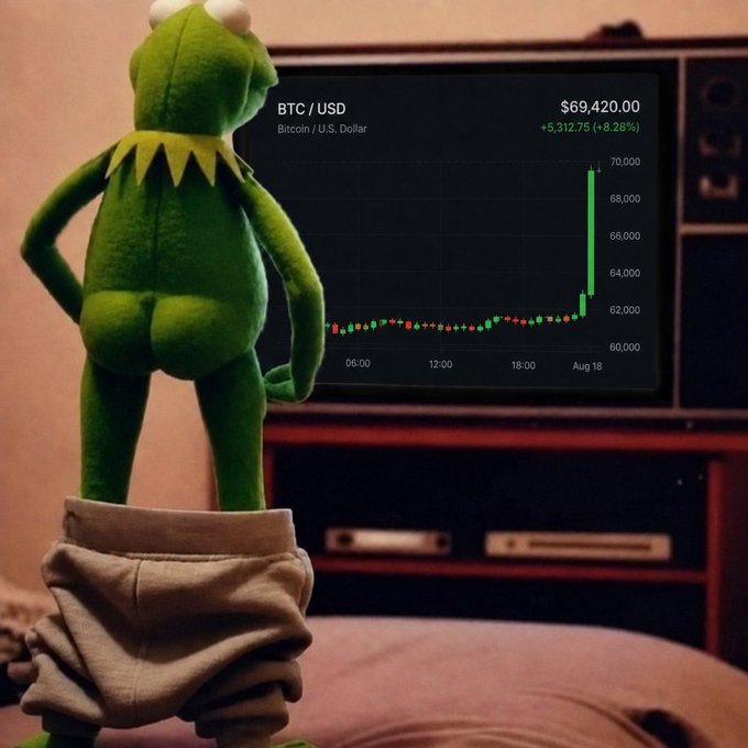 A Kermit the Frog plush toy stands with its back turned, watching a TV displaying the BTC/USD Bitcoin chart at $69,420.00, up +$5,312.75 (+8.28%).