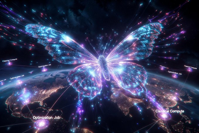 The image features a butterfly with blue wings fluttering around the Earth. The butterfly is surrounded by stars and lights that create an otherworldly atmosphere. Below the butterfly, there are words written in white text that describe the butterfly as "the worldwide quantum computer" and "a decentralized network where quantum and classical resources work together for everyone". The image also includes a post about a vision of a worldwide Quantum Computer, with the caption stating that it is turning this vision into reality.
