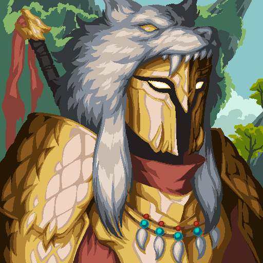 A pixel-art style illustration of a warrior wearing a grey wolf headpiece over a golden helmet with glowing eyes, clad in golden scale armor with a red scarf.