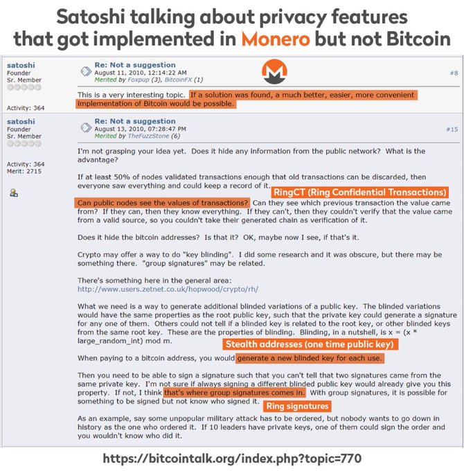 The image is a screenshot from a BitcoinTalk forum post (topic #770) titled "Satoshi talking about privacy features that got implemented in Monero but not Bitcoin," highlighting Satoshi Nakamoto's August 2010 posts discussing concepts like RingCT (Ring Confidential Transactions), stealth addresses, and ring signatures — which later became core privacy features of Monero. The caption suggests that a "Zcash hater" is misattributing these privacy concepts to Monero, when they actually originate from Bitcoin's original creator Satoshi, implying Zcash fans are incorrectly claiming this technical lore.