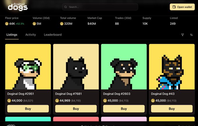 A cryptocurrency/NFT marketplace screenshot for 'Doginal Dogs' showing pixel-art dog listings with prices around 44K-45K, including Doginal Dog #2951, #7681, #2603, and #43.
