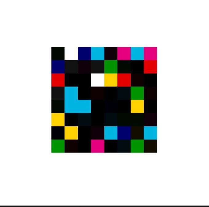 An abstract digital artwork consisting of a rectangular grid of colorful pixelated squares in red, blue, yellow, green, and pink on a white background.