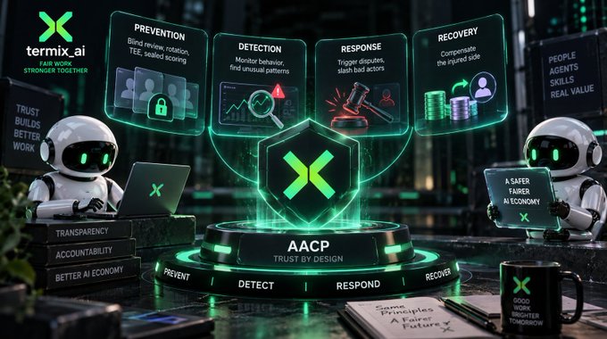 A futuristic 3D-rendered scene features two white AI robots flanking a glowing teal shield emblem branded with the termix.ai "X" logo, which rises from a circular pedestal labeled "AACP TRUST BY DESIGN" with the words PREVENT, DETECT, RESPOND, and RECOVER inscribed along its base. Hovering above the shield are four transparent panels outlining the AACP security pillars: PREVENTION (blind review, evaluator rotation, TEE, sealed scoring), DETECTION (monitor behavior, find unusual patterns), RESPONSE (trigger disputes, slash bad actors), and RECOVERY (compensate the injured side), while nearby elements include stacked books reading "TRANSPARENCY," "ACCOUNTABILITY," and "BETTER AI ECONOMY," a tablet displaying "A SAFER FAIRER AI ECONOMY," and a mug reading "GOOD WORK DONE BETTER TOMORROW." The image directly visualizes the post's message by depicting termix.ai's AACP framework as a layered