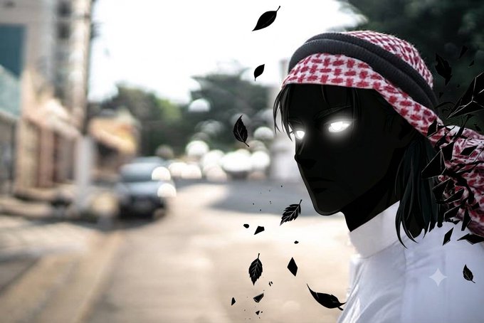 An anime-style illustration shows a dark silhouette of a person with glowing white eyes wearing a red and white keffiyeh, set against a blurred urban street background with floating leaves.