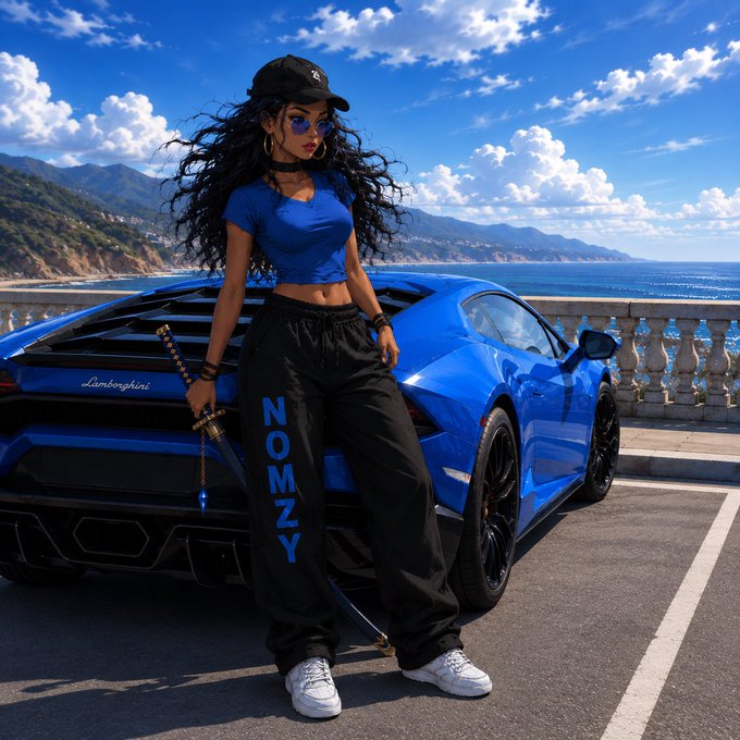 A digitally rendered image of a woman with curly hair, a black cap, blue crop top, and black sweatpants labeled 'NOMZNY' holding a sword, leaning against a blue Lamborghini with a coastal cliff view behind her.