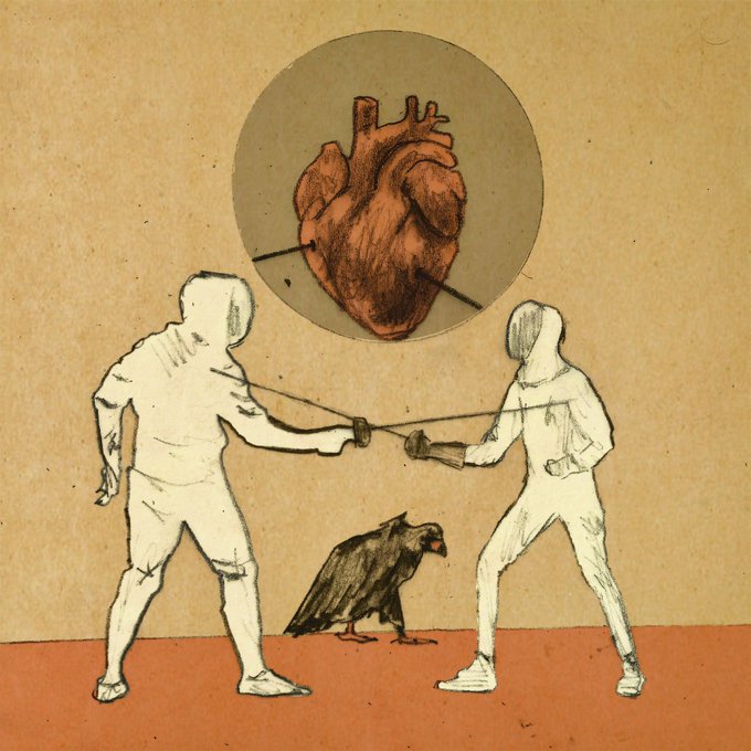 The image features two men dressed in white fencing uniforms, each holding a sword and engaged in a duel. They are positioned in front of a large heart-shaped target that has been cut out from paper or canvas. The heart serves as an eye-catching backdrop for their fencing match. In the background, there is also a bird depicted in black and white, possibly observing the duel between the two men.