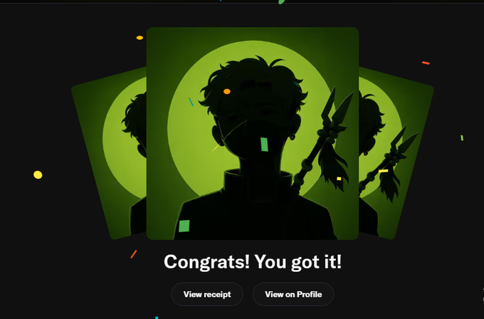 The image displays a digital art celebration screen with the text "Congrats! You got it!" showing three green-themed cards featuring silhouetted characters with a green circular halo and a staff with feathers, alongside "View receipt" and "View on Profile" buttons. Confetti elements frame the scene, suggesting a successful NFT mint from the Arcions collection, which aligns with the post celebrating the completion of minting all 3 NFTs and expressing bullish sentiment ("send it higher now").
