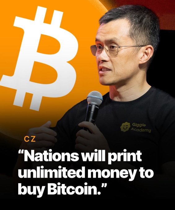 The image features a man wearing glasses and holding a microphone, with an orange Bitcoin symbol behind him. The text "CZ said, 'Nations will print unlimited money to buy Bitcoin.'" is written above the man's head. This quote suggests that the man might be discussing or promoting the idea of printing unlimited money to purchase Bitcoins.