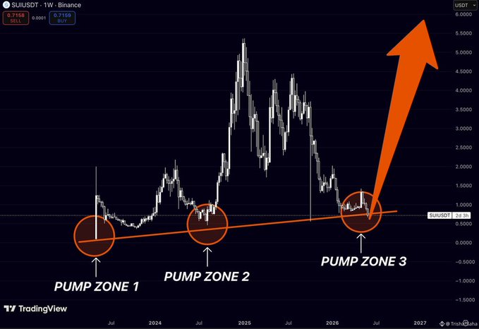 In the image, there is a trading chart for SUI (S&P 500 Index) with three different zones, representing different levels of activity within the stock market. The chart is connected to a discussion about pump and dump strategies in cryptocurrency trading. Based on the image's content, it appears that SUI has been bought at a lower price than its current rally price or is set for an upcoming rally, which means that this trader is likely taking advantage of the opportunity offered by pump and dump strategies. The chart is connected to a post explaining how to use SUI in pump and dump trading; however, due to missing other essential details, it's unclear if the chart displays the actual values or just the trendline.