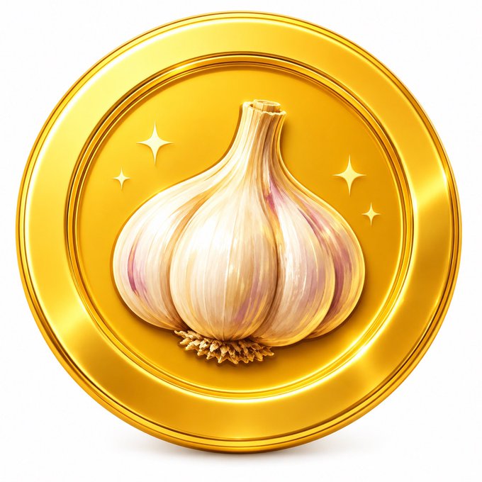 A digital illustration of a garlic bulb displayed on a shiny gold coin or medallion, surrounded by sparkle effects.