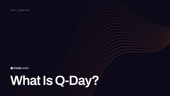 A dark graphic from StarkWare titled "What Is Q-Day?" with the category "POST-QUANTUM" labeled in the top left, featuring flowing orange line patterns that visually echo the quantum computing theme referenced in the caption about cryptography's impending vulnerability.