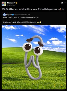 The image displays a Microsoft X post celebrating "500,000 likes and we bring Clippy back" alongside the iconic Clippy paperclip character, under which a pinned reply from "Clippy" promotes $CLIPPY crypto token, illustrating how the verified Microsoft account was hijacked to advertise the fraudulent cryptocurrency scheme.