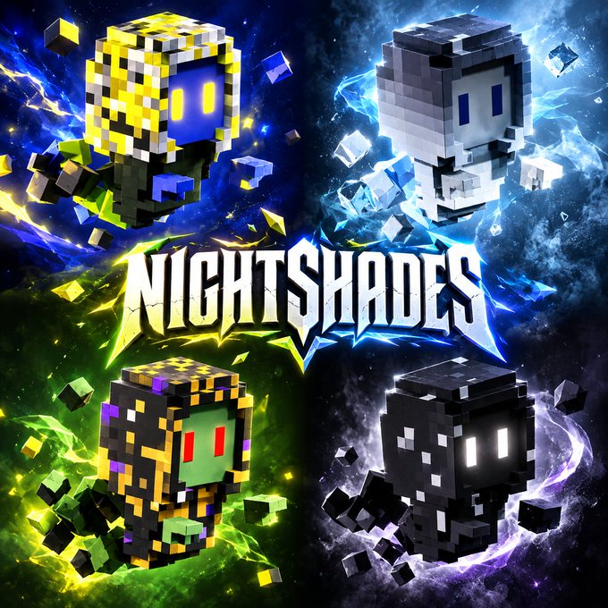 Promotional artwork for 'Nightshades' featuring four voxel-style characters in yellow, white, green, and black against a cosmic background with energy effects.