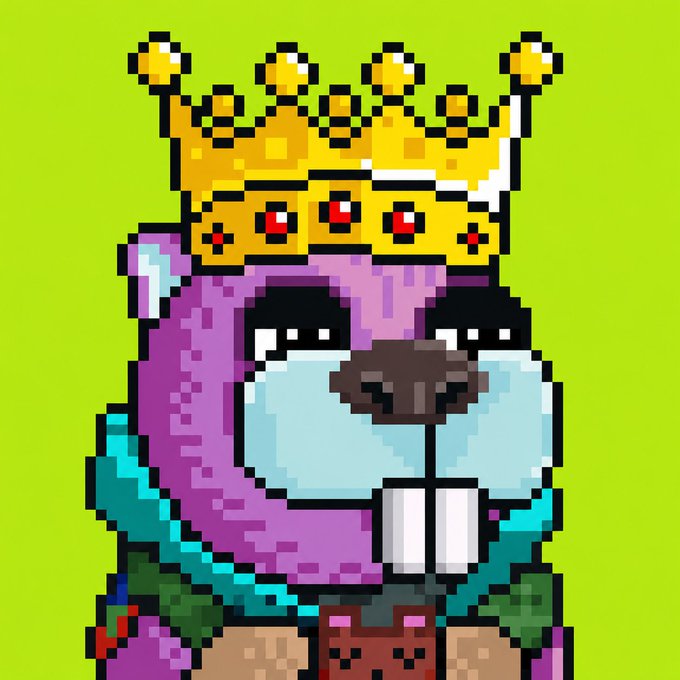A pixel art character wearing a golden crown with red gems on a bright green background, featuring a pink and teal outfit with large teeth.