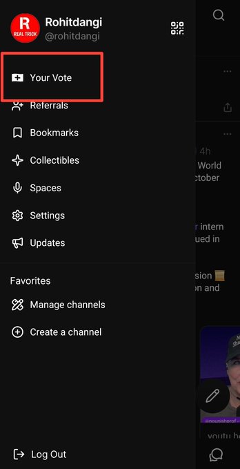 A dark-themed app menu for the user 'Rohitdangi' (REAL TRICK), with the 'Your Vote' option highlighted by a red box, alongside options like Referrals, Bookmarks, and Spaces.