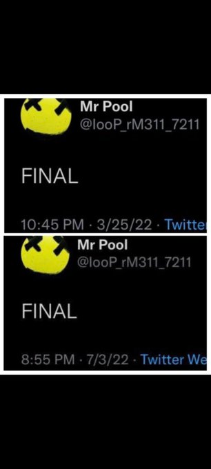 Two tweets from user @looP_rM311_7211 (Mr Pool) posted on 3/25/22 and 7/3/22, both simply displaying the word "FINAL," tying into the post "Connect." by suggesting these are final or concluding statements.