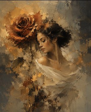 A dreamy portrait of a woman with flowing dark hair rests her head beside a large golden rose, evoking a sense of poetic melancholy. The ethereal, painterly style visually echoes the post's introspective theme about succeeding through unconventional, "insane" passion.