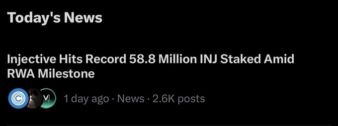 A news headline reads "Injective Hits Record 58.8 Million INJ Staked Amid RWA Milestone," posted 1 day ago in the News category with 2.6K posts, and three user avatars appear next to the engagement stats. The accompanying post jokes about "ninjas" trending, playing on the phonetic similarity between "INJ" (Injectives's ticker) and "ninja."