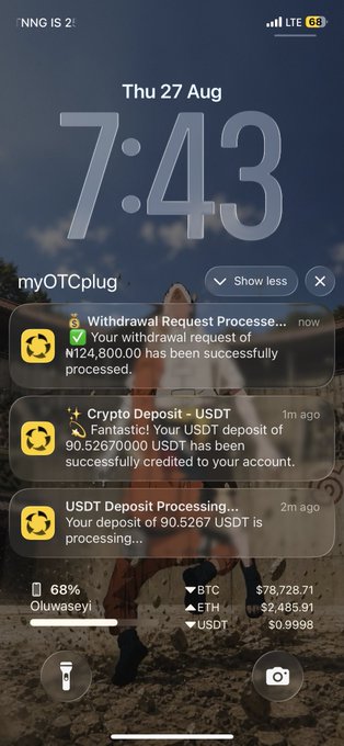 A smartphone lock screen displaying the time 7:43 on Thu 27 Aug, showing notifications from 'myOTCplug' about a successful withdrawal request of ₦124,800.00 and USDT crypto deposit notifications.