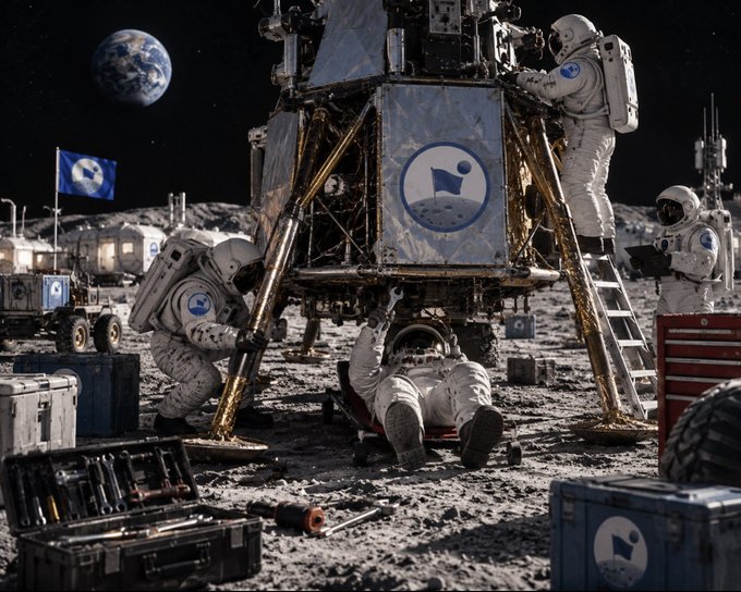 A group of astronauts in white spacesuits work on a lunar lander on the moon's surface, with Earth visible in the background and tools scattered nearby.