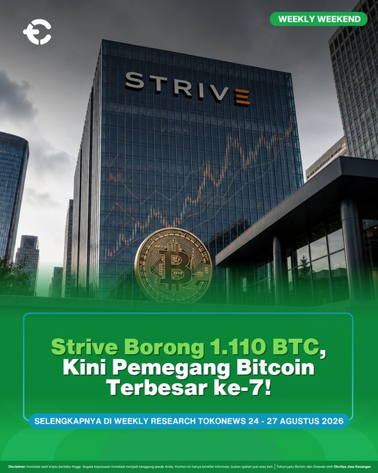 A promotional graphic from Tokocrypto's "Weekly Weekend" newsletter (dated August 24-27, 2026) features the Strive company headquarters building overlaid with a Bitcoin chart and a gold BTC coin. The headline reads "Strive Borong 1.110 BTC, Kini Pemegang Bitcoin Terbesar Ke-7!" (Strive Buys 1,110 BTC, Now the 7th Largest Bitcoin Holder), highlighting Strive's major acquisition of 1,110 BTC worth $81.5 million that elevated its status among corporate Bitcoin holders.