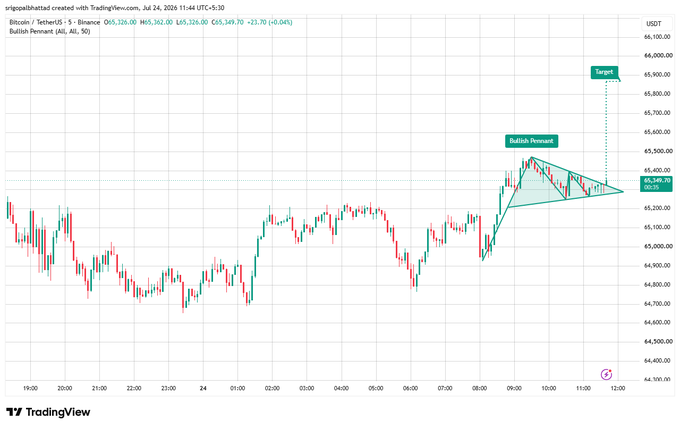 TradingView chart of Bitcoin/USDT showing a Bullish Pennant pattern with a teal flag and a 'Target' label pointing upward.