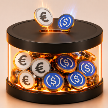 A glass jar filled with Euro (€) and USDC ($) tokens sits beneath a black lid with a glowing slot, symbolizing crypto deposits and rewards. The image visually reinforces the post's promotion about depositing funds on Bybit to earn bonus USDC.