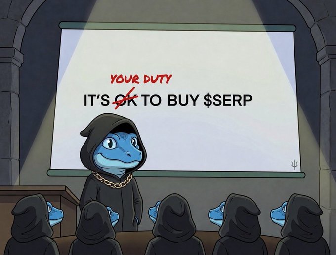 An animated illustration shows a hooded blue lizard character addressing a crowd of similarly hooded figures in front of a presentation screen reading 'YOUR DUTY IT'S OK TO BUY $ERP'.