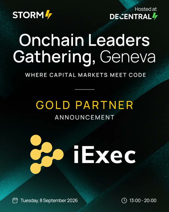 An event poster for the 'Onchain Leaders Gathering, Geneva' hosted at Decentral, featuring iExec as a Gold Partner, taking place Tuesday, 8 September 2026 from 13:00-20:00.