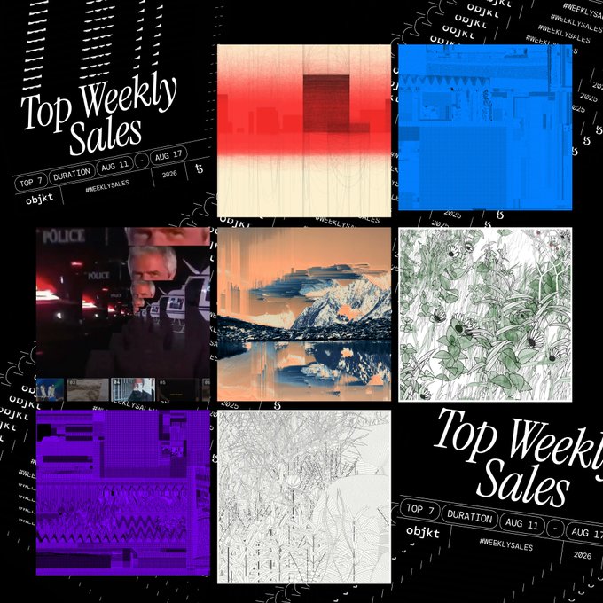 A promotional graphic titled 'Top Weekly Sales' by objkt, dated Aug 11 - Aug 17, 2026, displaying a grid of various digital art pieces and 3D renders.