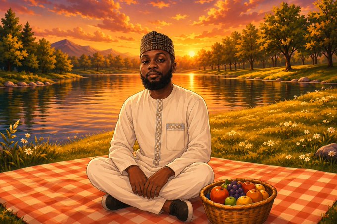The image features an artist sitting cross-legged on a red and white checkered blanket with a basket of fruit next to him. He has his hands resting on his knees, giving off a relaxed and contemplative vibe. The background includes a beautiful sunset over water, adding a serene atmosphere to the scene. The caption reads "Good Afternoon, Quackers Attention can be captured in seconds. Earning it repeatedly is where the real challenge begins. That’s what makes @wallchain interesting. Every meaningful post, comment, and interaction contributes to a signal that grows stronger over time."